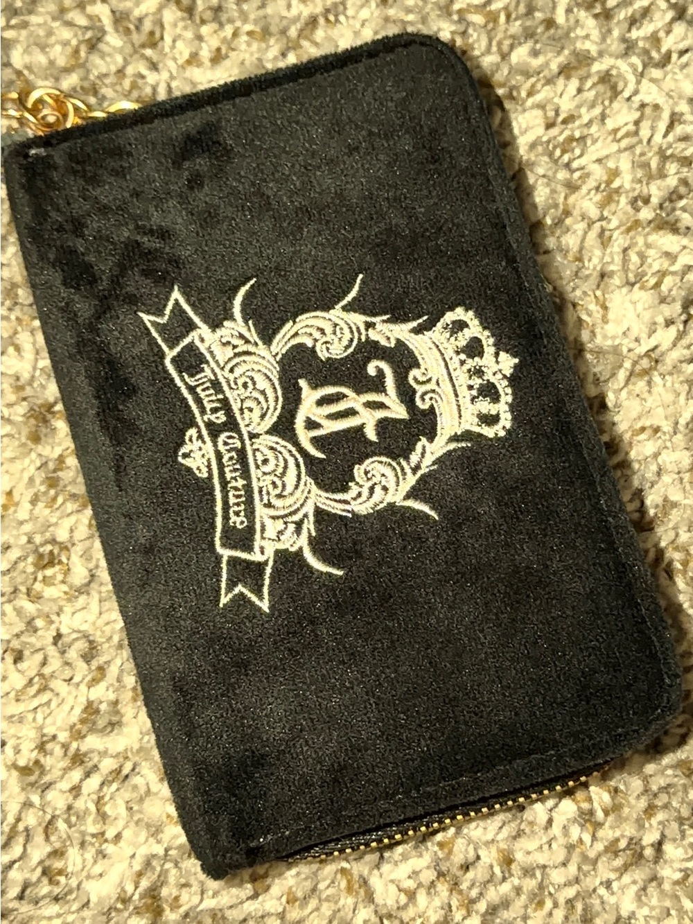 Juicy Couture Black Velvet Zip Wallet with Gold Embroidered Crest